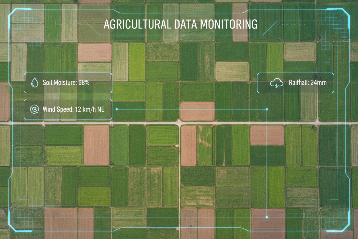 空中航拍农田矩阵，然后以农业数据监控和采集为主题写上英文排版，包含泥土水分，风速风向，降雨数据