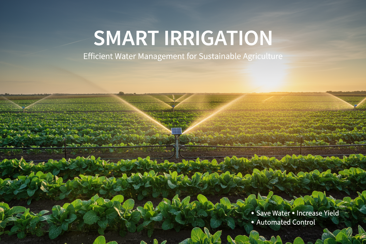 生成农田灌溉的场景，以智能灌溉为主题写上相关英文并且排版