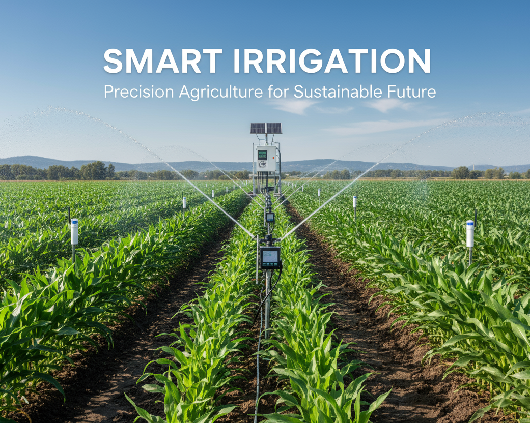 生成竖屏农业灌溉的场景，以智能灌溉为主题写上英文并排版