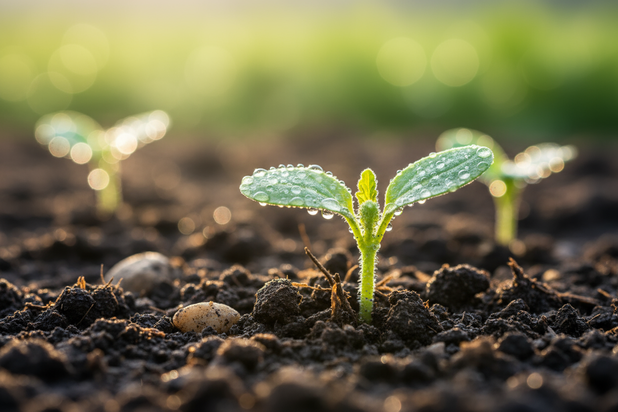 一株农作物在泥土中生长发芽，有一点露珠